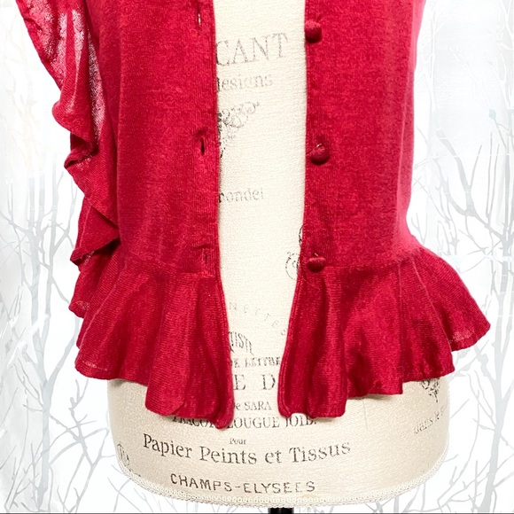 Red Valentino red knit button down ruffle cardigan sweater top - Picture 6 of 11